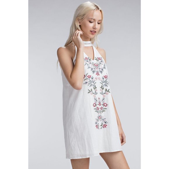 Honey Punch Embroidered Halter Mini Dress, Ivory - Picture 2 of 8